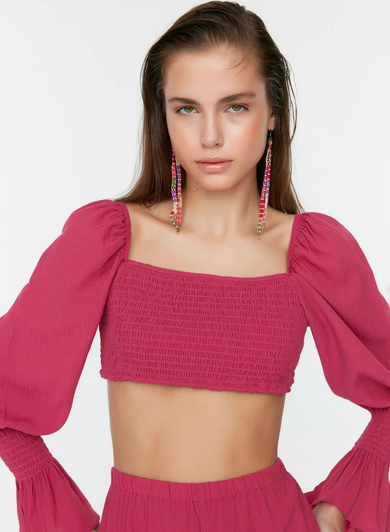 trendyol Puff Sleeve Shirred Crop Top & Shorts Set