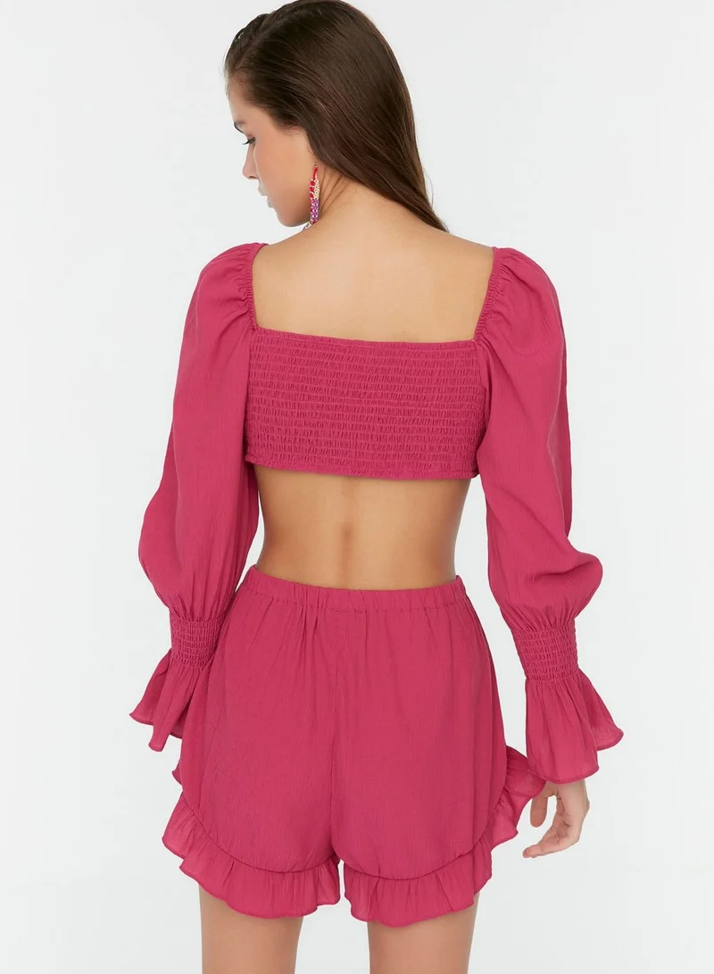 trendyol Puff Sleeve Shirred Crop Top & Shorts Set