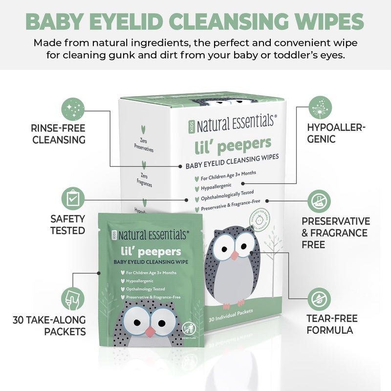 Natural Essentials Lil' Peepers Baby Eye Wipes and Eyelid Cleanser, Preservative-Free & Rinse-Free, Pediatrician Recommended Hypoallergenic Soft Eyelid Wipes for Babies, Kids and Adults (30 Count) - Image 3