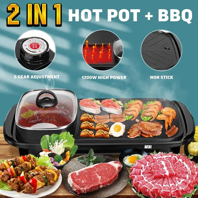 Eworld 2-in-1 Electric Grill & Hot Pot, Non-Stick Multi-Cooker for Indoor BBQ & Hotpot - Image 2