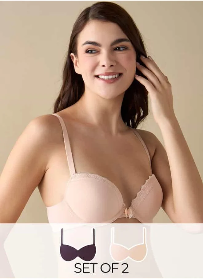 FAV Set of 2 - Lace Detail Plunge Bra with Hook and Eye Closure