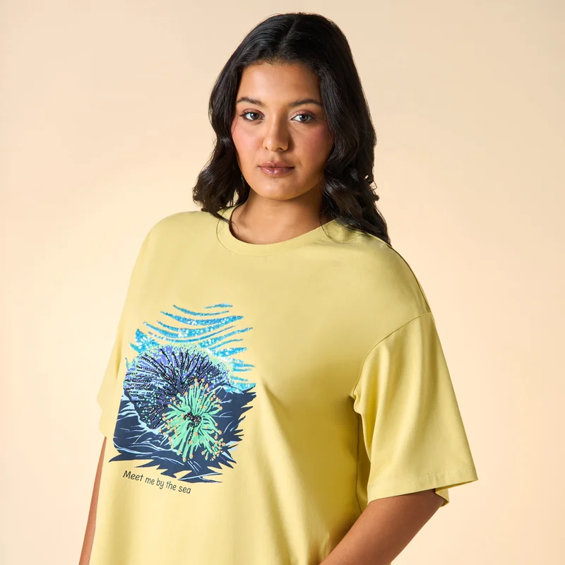 Ulla Popken Plus Size Ulla Popken Embellished T-shirt with Round Neck