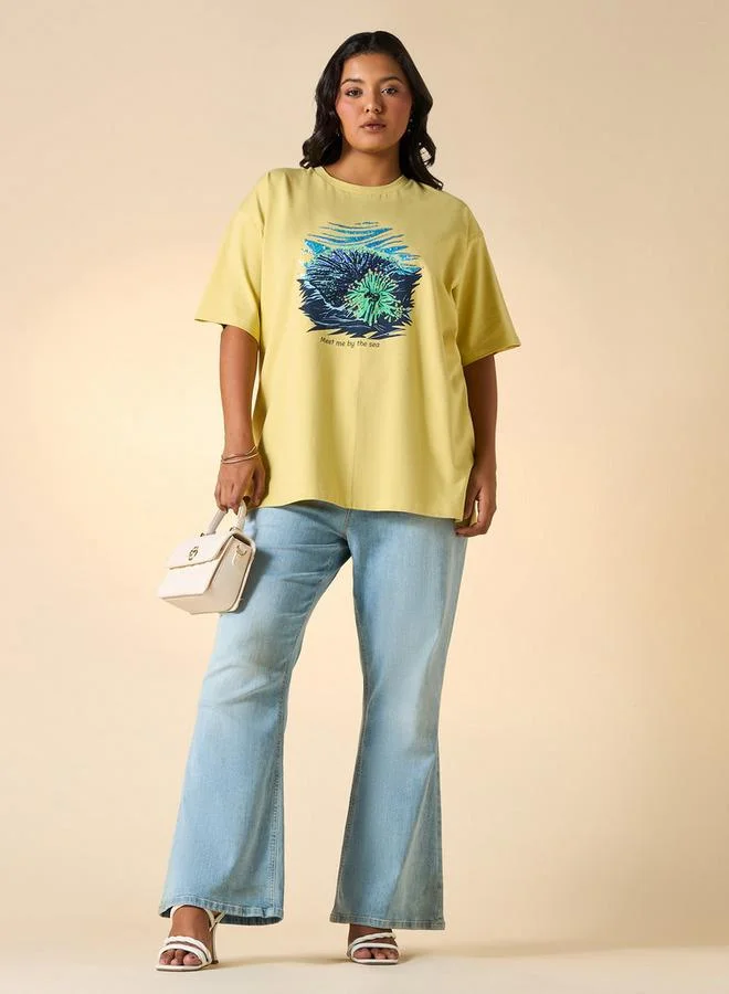 Ulla Popken Plus Size Ulla Popken Embellished T-shirt with Round Neck