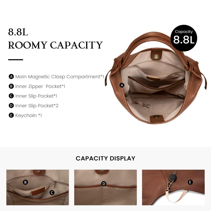 befen Genuine Leather Slouchy Hobo Purses for Women, Casual Hobo Bags Real Top Grain Leather Tote Handbags Women's Brown Shoulder Satchel for Shopping, Outing, Travel - Image 4
