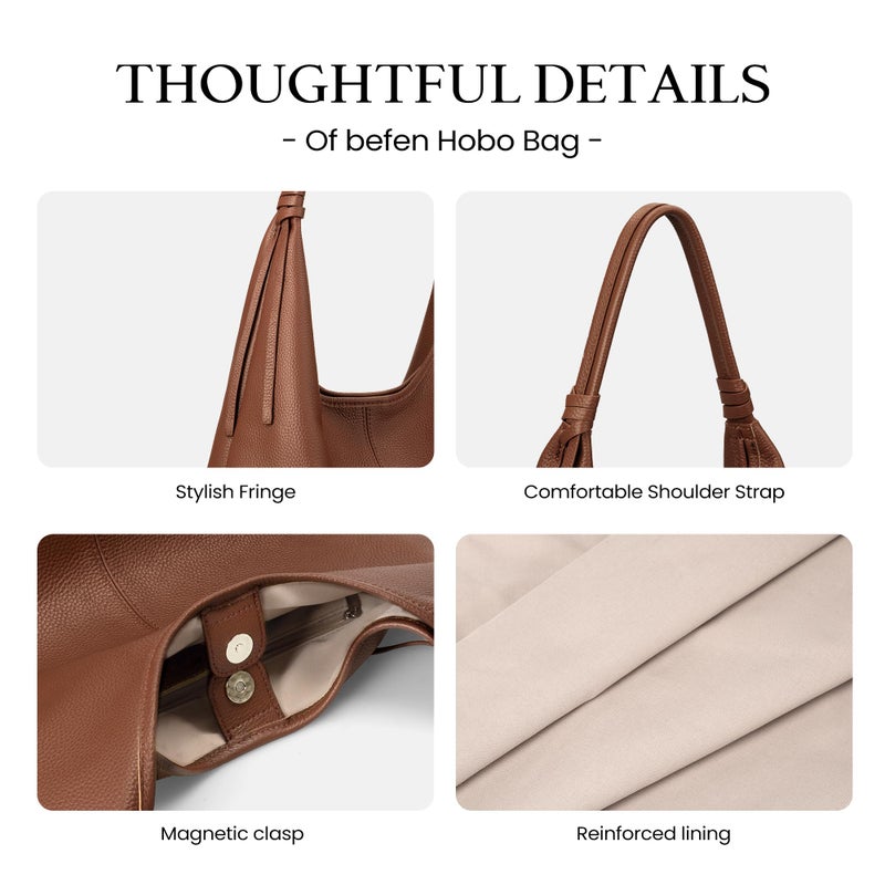 befen Genuine Leather Slouchy Hobo Purses for Women, Casual Hobo Bags Real Top Grain Leather Tote Handbags Women's Brown Shoulder Satchel for Shopping, Outing, Travel - Image 5