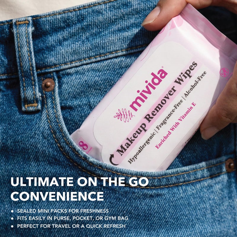 mivida Hypoallergenic makeup remover wipes travel with Vitamin E | Dermatologist Tested, Alcohol & Fragrance Free mini makeup wipes | travel makeup wipes | (10 Packs x 8 Wipes) Total 80ct - Image 5