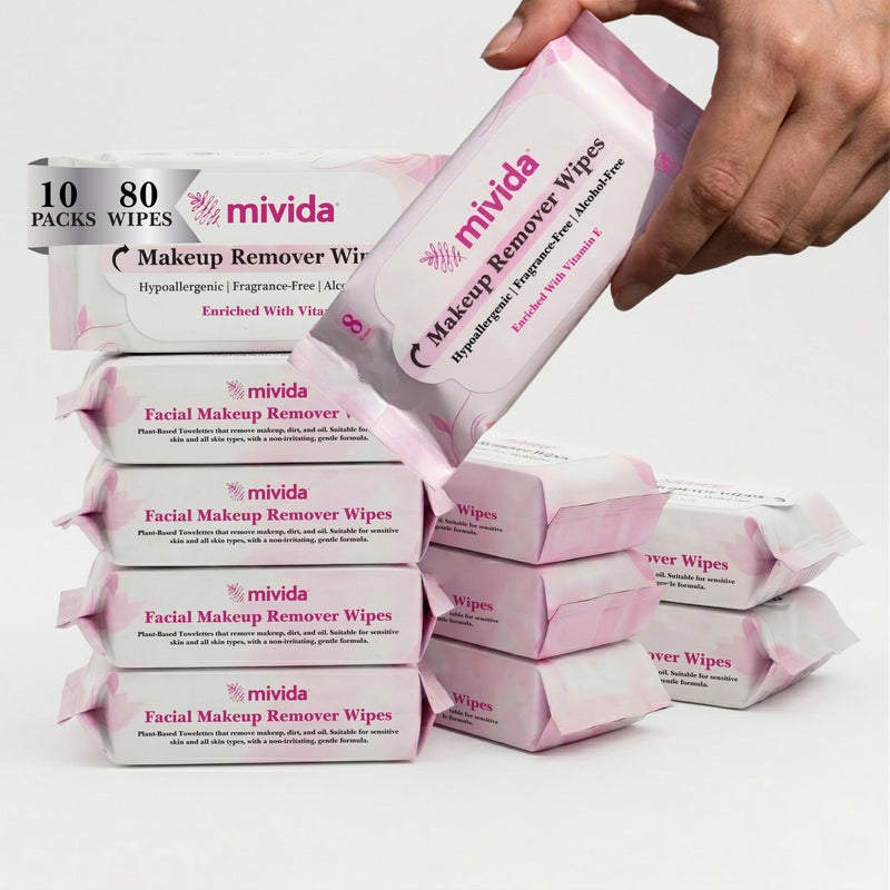 mivida Hypoallergenic makeup remover wipes travel with Vitamin E | Dermatologist Tested, Alcohol & Fragrance Free mini makeup wipes | travel makeup wipes | (10 Packs x 8 Wipes) Total 80ct - Image 1