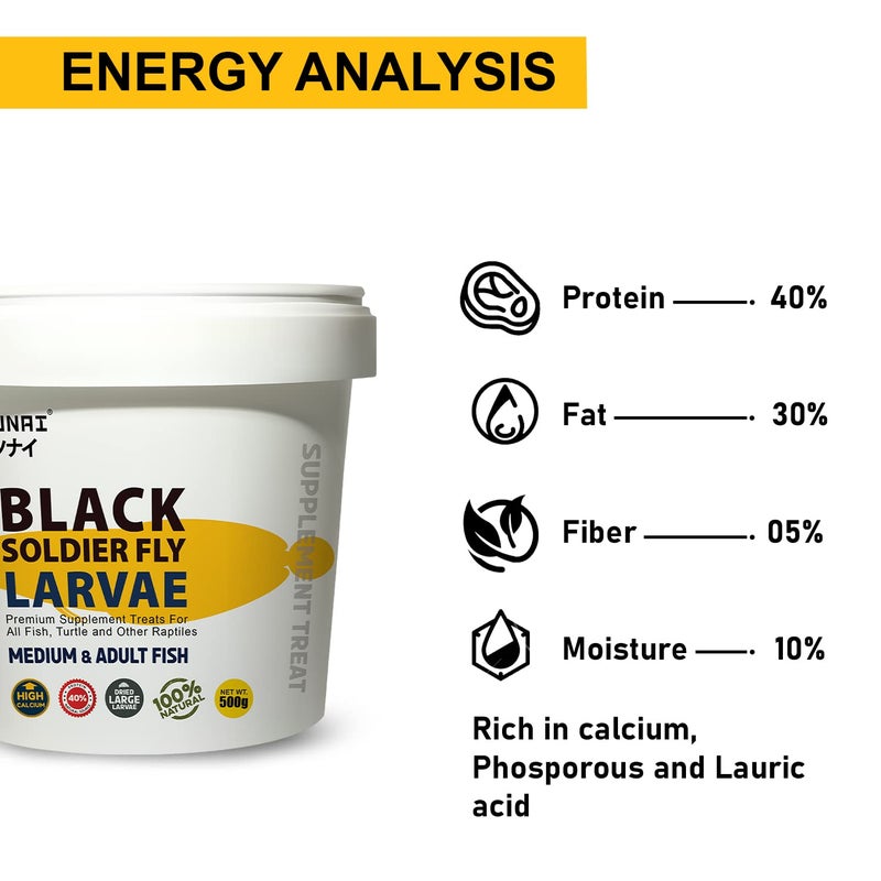TUNAI يرقة ذبابة الجندي السوداء توناي BSFL | 500 جرام |، غذاء سمك غني بالبروتين والكالسيوم بنسبة 40% لأوسكار، أروانا، فلورهورن، السلحفاة البالغة وغيرها من الزواحف - Image 5