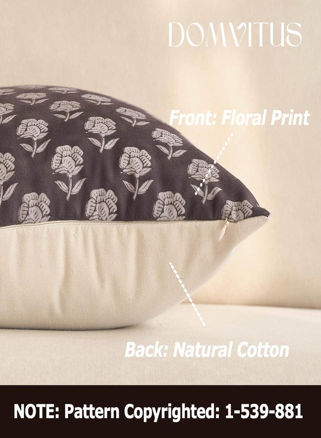 DOMVITUS Floral Pillow Covers 18x18 Throw Pillow Covers Decorative Farmhouse Block Floral Print Vintage Pillow Cover for Living Room Couch Bed, Dark Brown, 1PC - Image 2