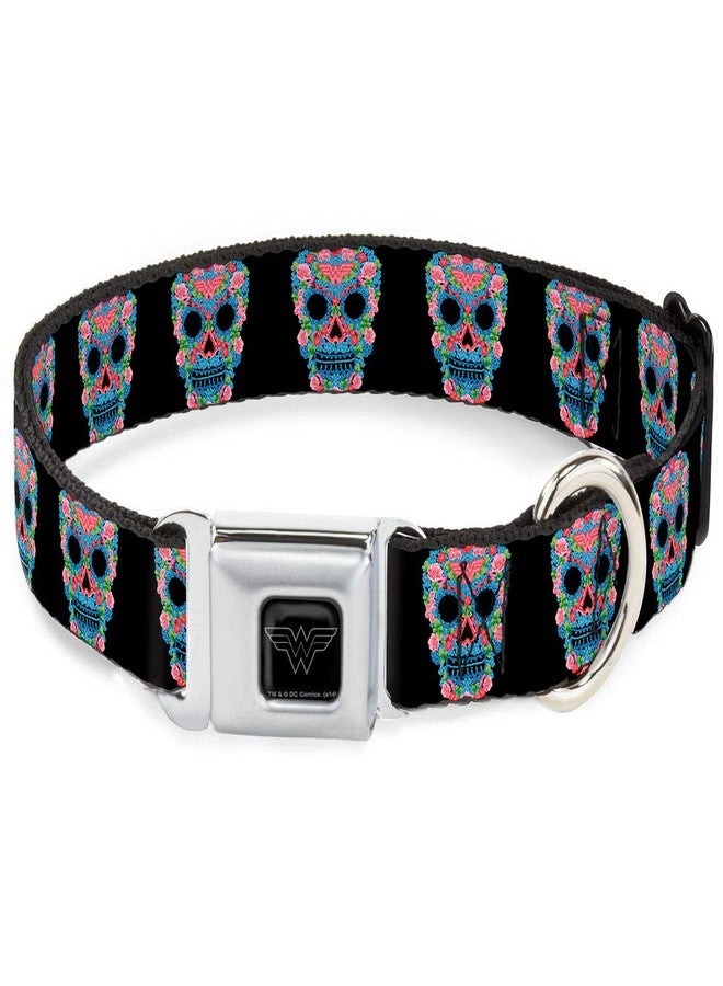Buckle Down Buckle-Down Seatbelt Buckle Dog Collar - Wonder Woman Floral Skull Black/Multi Pastel - 1" Wide - Fits 15-26" Neck - Large - Image 1