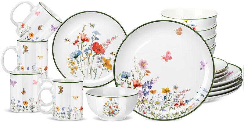 Pickmesh 16 Pcs Wildflower Ceramic Dinnerware Set for 4 Guest Floral Dish Set Spring Butterfly Dinner Plates Salad Plates Bowl Mug Kitchen Gift for Spring Kitchen Holiday Party Decoration - Image 1