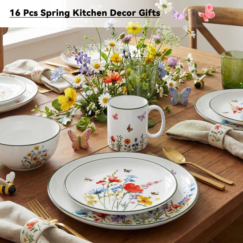 Pickmesh 16 Pcs Wildflower Ceramic Dinnerware Set for 4 Guest Floral Dish Set Spring Butterfly Dinner Plates Salad Plates Bowl Mug Kitchen Gift for Spring Kitchen Holiday Party Decoration - Image 5