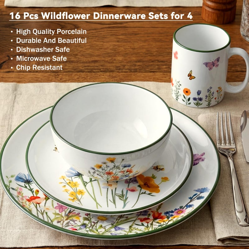 Pickmesh 16 Pcs Wildflower Ceramic Dinnerware Set for 4 Guest Floral Dish Set Spring Butterfly Dinner Plates Salad Plates Bowl Mug Kitchen Gift for Spring Kitchen Holiday Party Decoration - Image 3