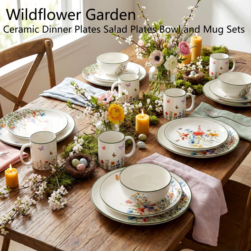 Pickmesh 16 Pcs Wildflower Ceramic Dinnerware Set for 4 Guest Floral Dish Set Spring Butterfly Dinner Plates Salad Plates Bowl Mug Kitchen Gift for Spring Kitchen Holiday Party Decoration - Image 2