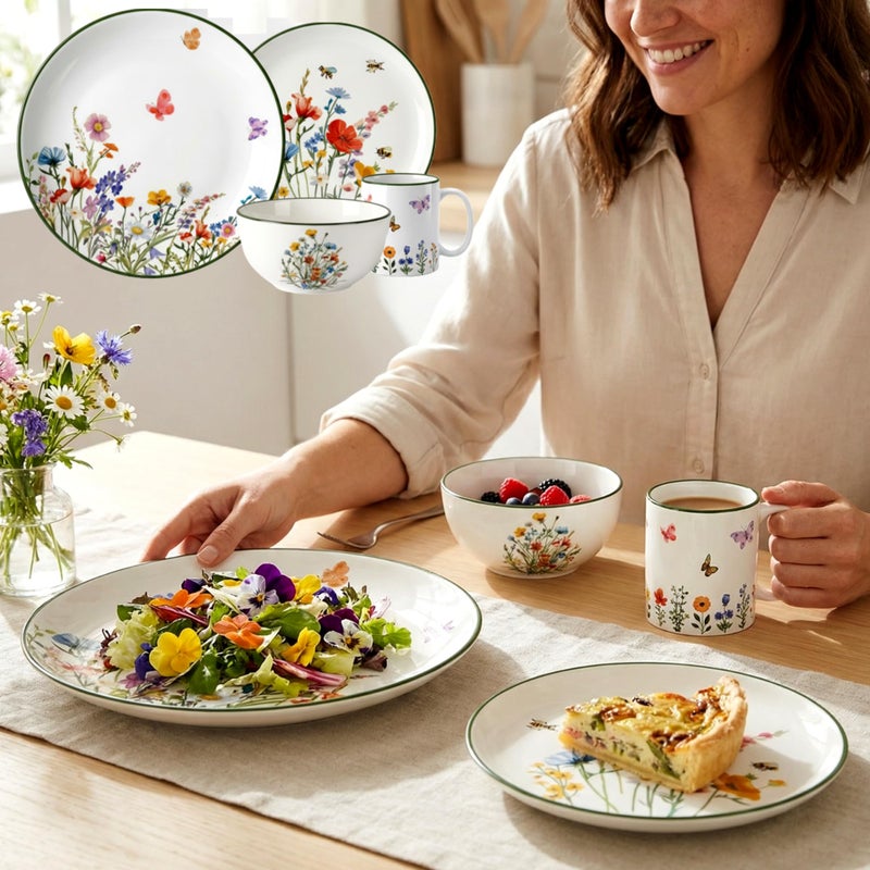 Pickmesh 16 Pcs Wildflower Ceramic Dinnerware Set for 4 Guest Floral Dish Set Spring Butterfly Dinner Plates Salad Plates Bowl Mug Kitchen Gift for Spring Kitchen Holiday Party Decoration - Image 4