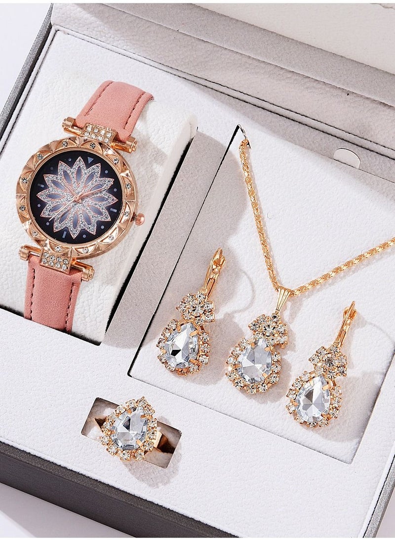 [2023 New Design]Ladies Watch Fashionable Women Quartz Diamond Wristwatch Classic Simple Watches Business Decoration Bangle Bracelet Necklace Ring Earring Girl Gift Set 