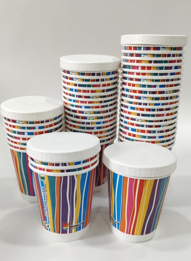 PARICOTT 240ml (8oz) - 50 Cups | Stripes Printed Paper Cups with Lids | Disposable Party Cups for Hot & Cold Beverages - Tea, Coffee, Juice | Leak-Resistant, Eco-Friendly, Use & Throw - Image 2