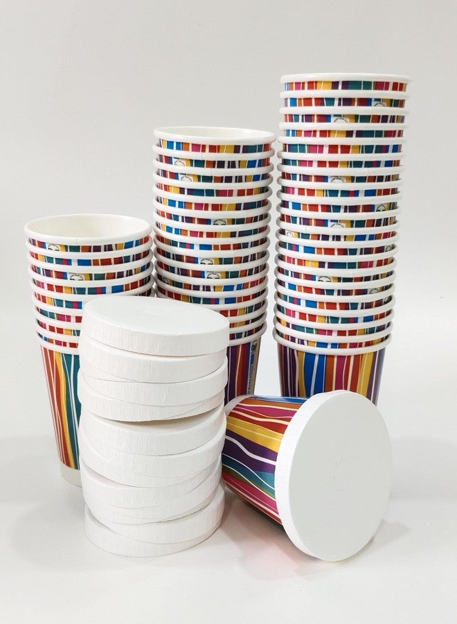 PARICOTT 240ml (8oz) - 50 Cups | Stripes Printed Paper Cups with Lids | Disposable Party Cups for Hot & Cold Beverages - Tea, Coffee, Juice | Leak-Resistant, Eco-Friendly, Use & Throw - Image 1