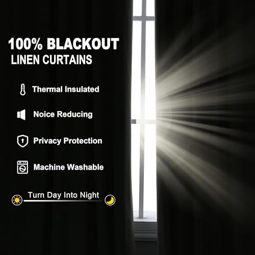 Jowels Cream Linen Blackout Curtains 84 Length 2 Panels Set for Living Room Bedroom, 100% Black Out Thermal Insulated Linen Drapes, Room Darkening Grommet Curtains 84 Inches Long Natural Beige - Image 2