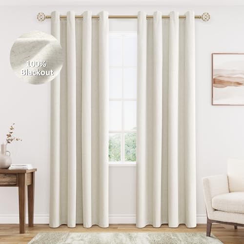 Jowels Cream Linen Blackout Curtains 84 Length 2 Panels Set for Living Room Bedroom, 100% Black Out Thermal Insulated Linen Drapes, Room Darkening Grommet Curtains 84 Inches Long Natural Beige - Image 1