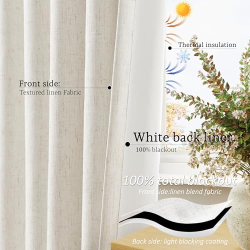 Jowels Cream Linen Blackout Curtains 84 Length 2 Panels Set for Living Room Bedroom, 100% Black Out Thermal Insulated Linen Drapes, Room Darkening Grommet Curtains 84 Inches Long Natural Beige - Image 4