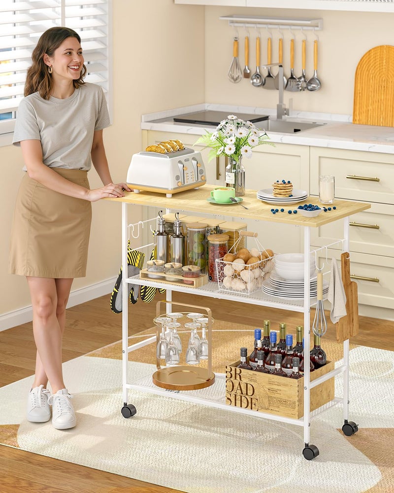 ThreeHio Kitchen Island with 3 Shelves, Rolling Kitchen Cart with 6 Hooks and Protective Shelf, Microwave Stand on Lockable Wheels, Bakers Rack Coffee Bar for Dining, Living Room, Outdoor, Metal Frame, White - Image 4