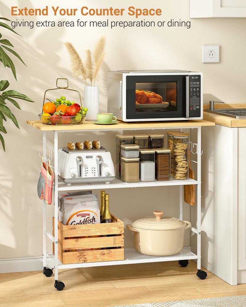 ThreeHio Kitchen Island with 3 Shelves, Rolling Kitchen Cart with 6 Hooks and Protective Shelf, Microwave Stand on Lockable Wheels, Bakers Rack Coffee Bar for Dining, Living Room, Outdoor, Metal Frame, White - Image 3