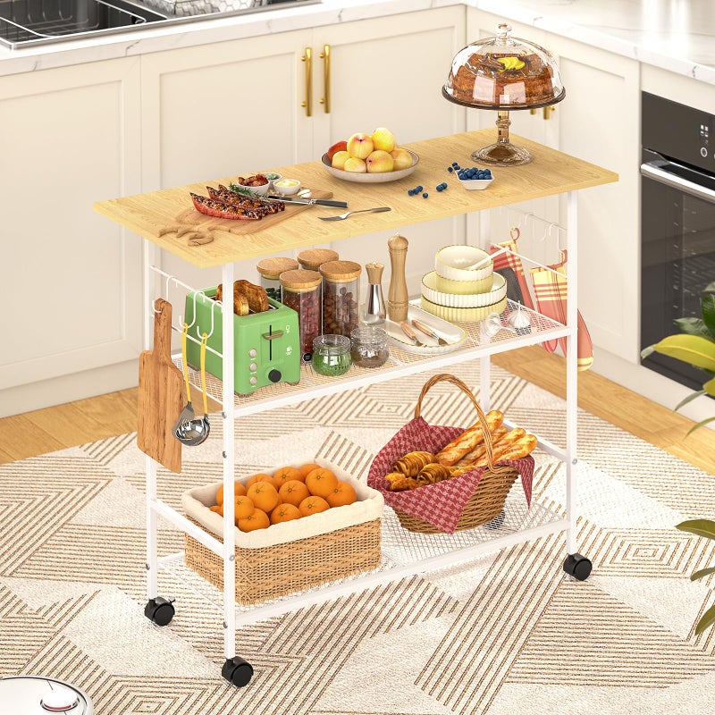 ThreeHio Kitchen Island with 3 Shelves, Rolling Kitchen Cart with 6 Hooks and Protective Shelf, Microwave Stand on Lockable Wheels, Bakers Rack Coffee Bar for Dining, Living Room, Outdoor, Metal Frame, White - Image 1