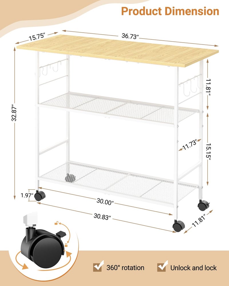 ThreeHio Kitchen Island with 3 Shelves, Rolling Kitchen Cart with 6 Hooks and Protective Shelf, Microwave Stand on Lockable Wheels, Bakers Rack Coffee Bar for Dining, Living Room, Outdoor, Metal Frame, White - Image 2