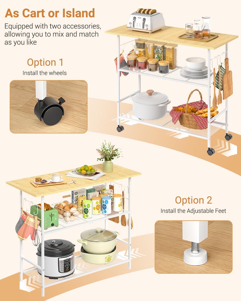 ThreeHio Kitchen Island with 3 Shelves, Rolling Kitchen Cart with 6 Hooks and Protective Shelf, Microwave Stand on Lockable Wheels, Bakers Rack Coffee Bar for Dining, Living Room, Outdoor, Metal Frame, White - Image 5