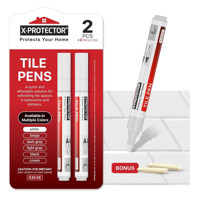 X-Protector Pen for Grout - 2 PCS, White - Ideal Grout Paint Pens to Make Grout White Again - Premium Grout Renew Pen with 2 Tips Types - Make Your Grouts Perfect Again! - Image 1
