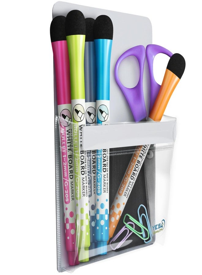 YES4QUALITY Magnetic Pen Holder for Refrigerator with Strong Magnetic Back, Dry Erase Marker Holder Ideal for Whiteboard & Fridge, Clear & White Pencil Cup - Image 1