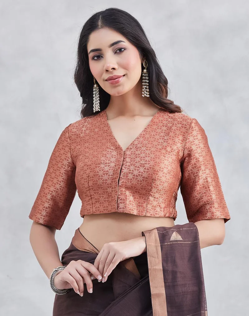 Rust Cotton Viscose Metallized Fibre Blend Woven Jaal Stitched Blouse