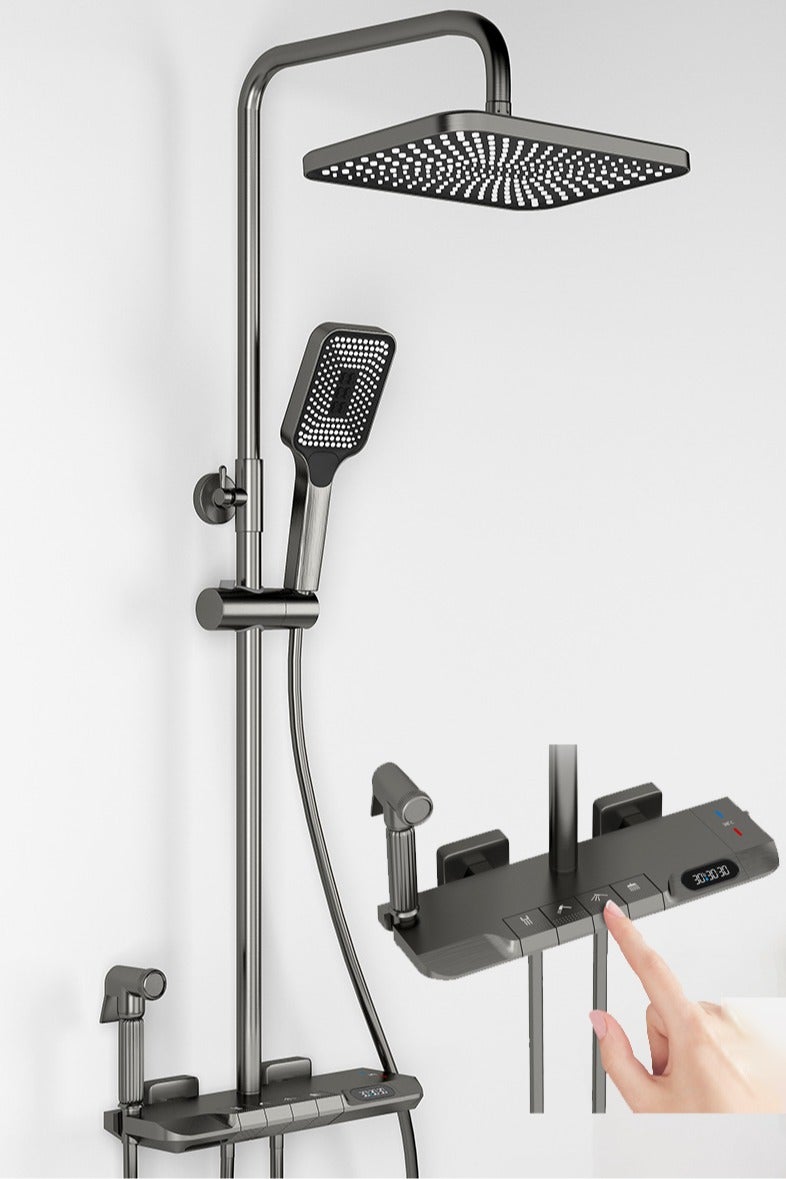 Monda 4 Function Shower System Thermostatic LED Digital Display Piano Key Wall Mounted Shower Set with 12 Inch Overhead Shower Hand Showers Waterfall Tub Faucets and Bidet Sprayers Gray - Image 1