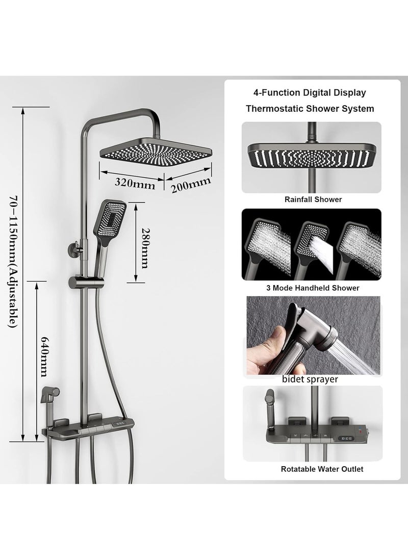 Monda 4 Function Shower System Thermostatic LED Digital Display Piano Key Wall Mounted Shower Set with 12 Inch Overhead Shower Hand Showers Waterfall Tub Faucets and Bidet Sprayers Gray  - Image 2