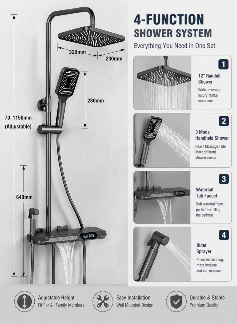 Monda 4 Function Thermostatic Shower System with LED Digital Display Piano Key Control, 12 Inch Rain Shower Head, Waterfall Faucet, Hand Shower and Bidet Sprayer, Wall Mounted Bathroom Shower Set Grey - Image 2