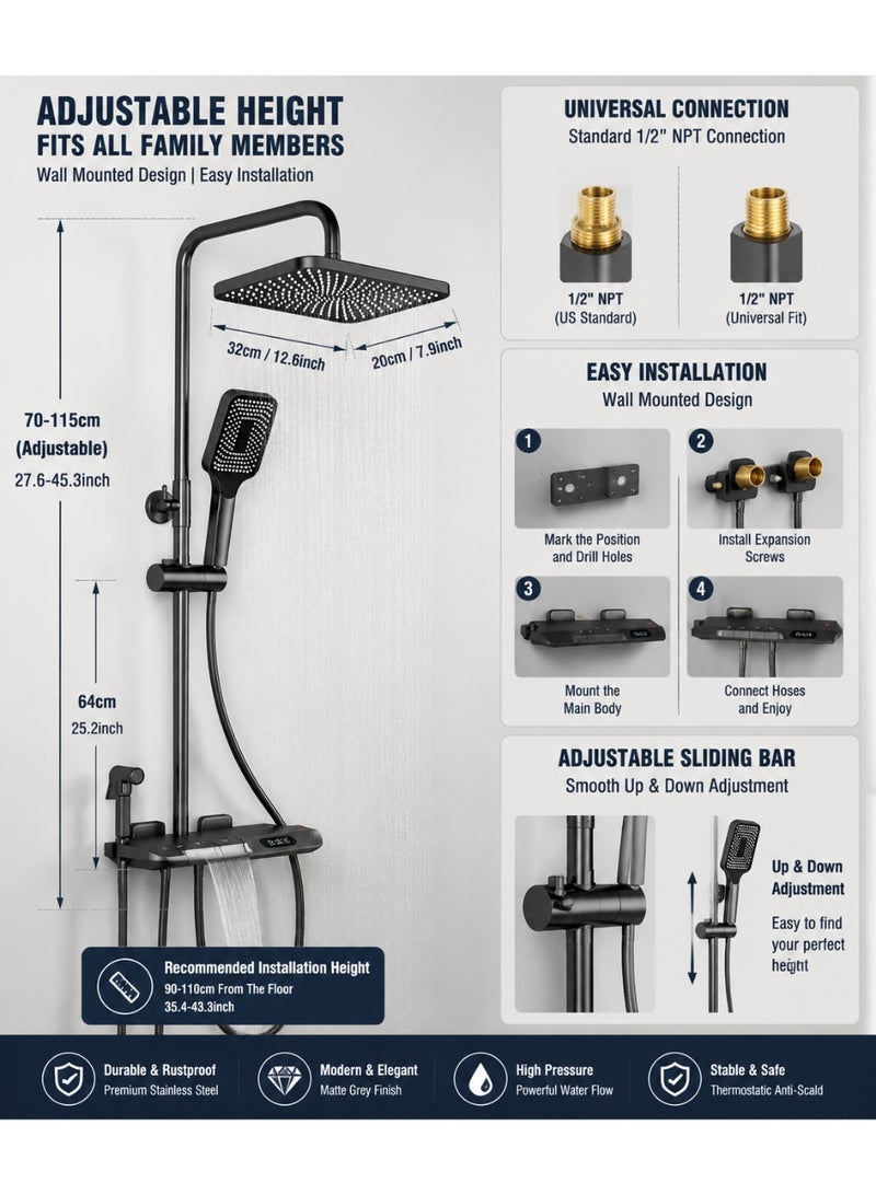Monda 4 Function Thermostatic Shower System with LED Digital Display Piano Key Control, 12 Inch Rain Shower Head, Waterfall Faucet, Hand Shower and Bidet Sprayer, Wall Mounted Bathroom Shower Set Grey - Image 5
