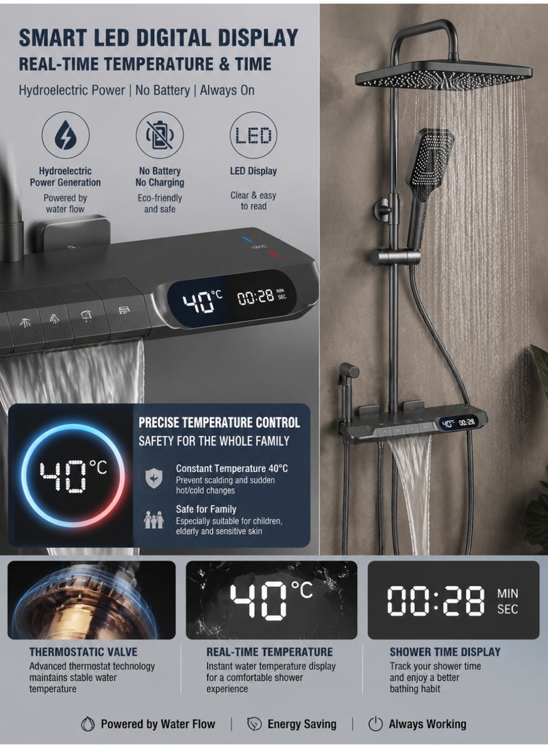 Monda 4 Function Thermostatic Shower System with LED Digital Display Piano Key Control, 12 Inch Rain Shower Head, Waterfall Faucet, Hand Shower and Bidet Sprayer, Wall Mounted Bathroom Shower Set Grey - Image 3