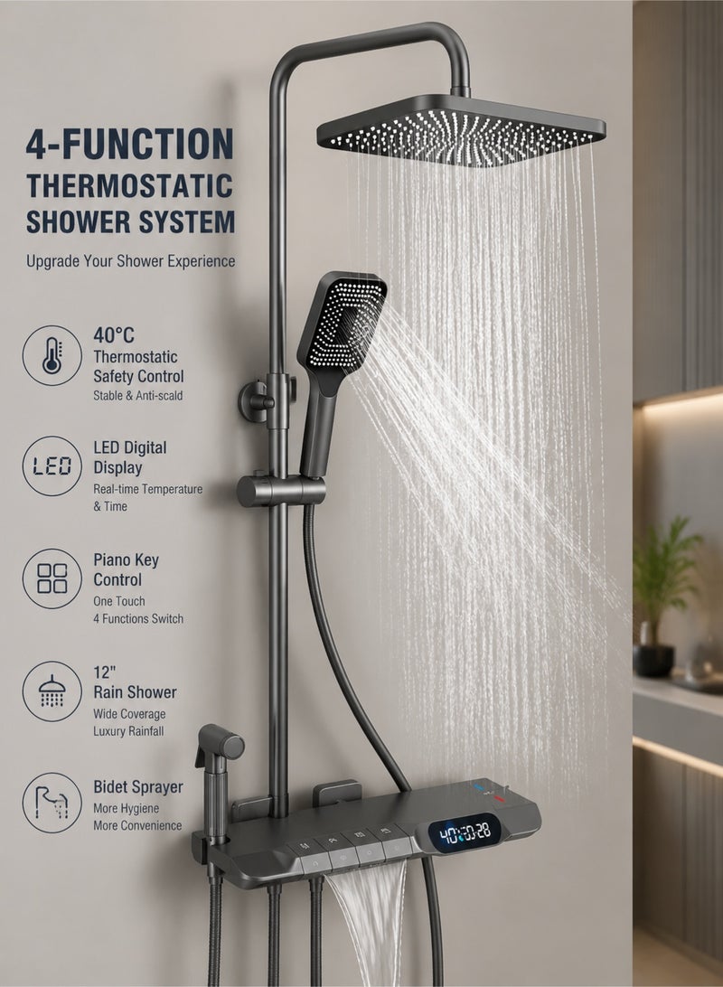 Monda 4 Function Thermostatic Shower System with LED Digital Display Piano Key Control, 12 Inch Rain Shower Head, Waterfall Faucet, Hand Shower and Bidet Sprayer, Wall Mounted Bathroom Shower Set Grey - Image 1