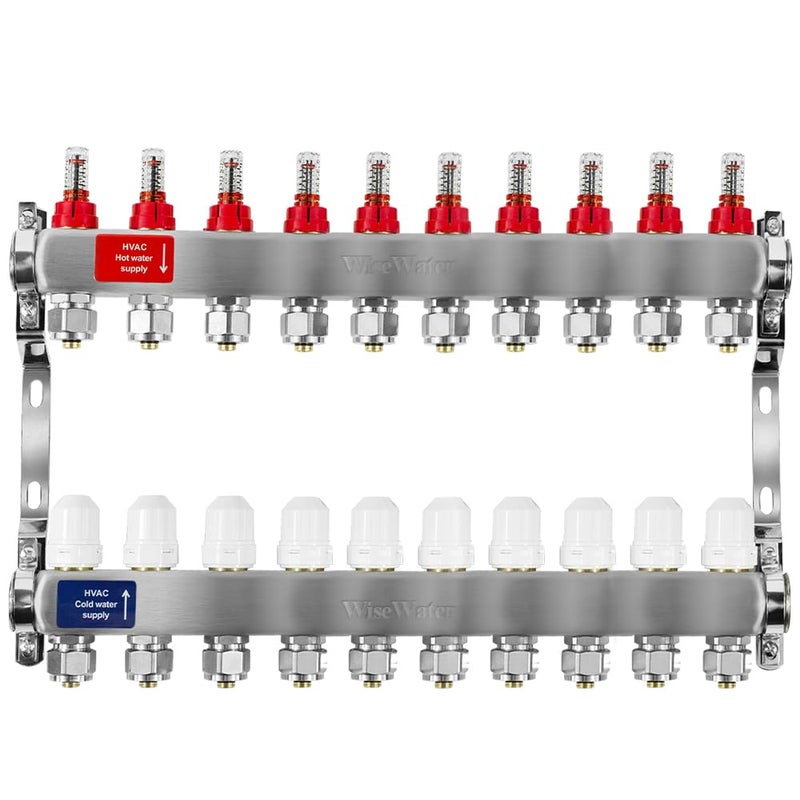 AB 10 Loops PEX Radiant Manifold 12 Inch Compatible Outlets Up to 14 GPM Flow Valve for Hydronic Radiant Floor Heating12 Connectors Included
