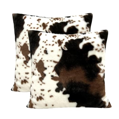 TOMWISH Cowhide Animal Black White and Brown Faux Fur Throw Pillow Covers 18x18 Set of 2 for Chair Bedroom Living Room Sofa Couch Bed Outdoor Double Sided Printing Furry Soft Cozy Pillow Covers - Image 1