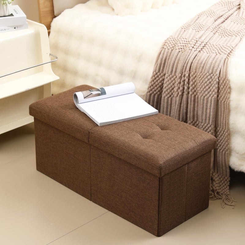 CUYOCA Storage Ottoman Bench Foldable Seat Footrest Shoe Bench End of Bed Storage with Flipping Lid, 75L Storage Space, 30 inches Linen Fabric Brown - Image 2