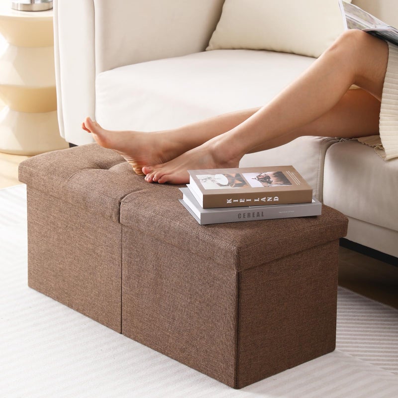 CUYOCA Storage Ottoman Bench Foldable Seat Footrest Shoe Bench End of Bed Storage with Flipping Lid, 75L Storage Space, 30 inches Linen Fabric Brown - Image 3