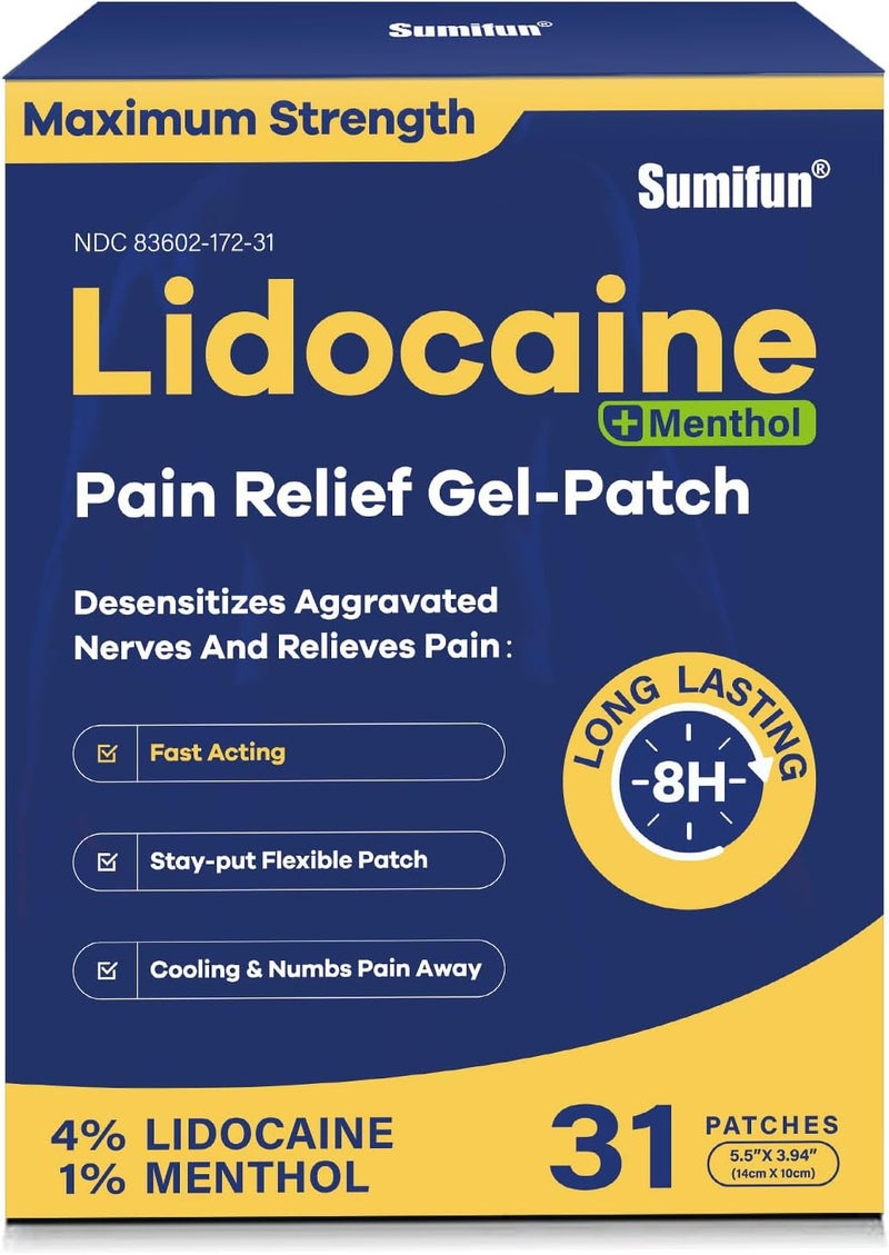 Sumifun Lidocaine Pain Relief Patches  Fast Targeted Therapy Simple Backache Soreness Sprain Joint Pain with Maximum Strength 4 Lidocaine and 1 Menthol Large Count 31 NDC 8360217231 - Image 1
