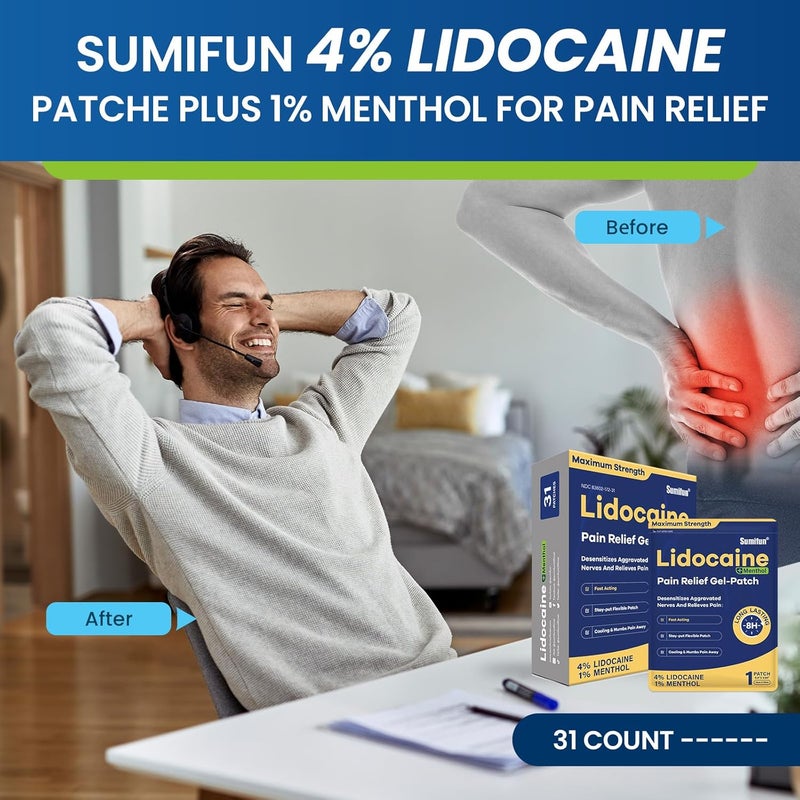 Sumifun Lidocaine Pain Relief Patches  Fast Targeted Therapy Simple Backache Soreness Sprain Joint Pain with Maximum Strength 4 Lidocaine and 1 Menthol Large Count 31 NDC 8360217231 - Image 4