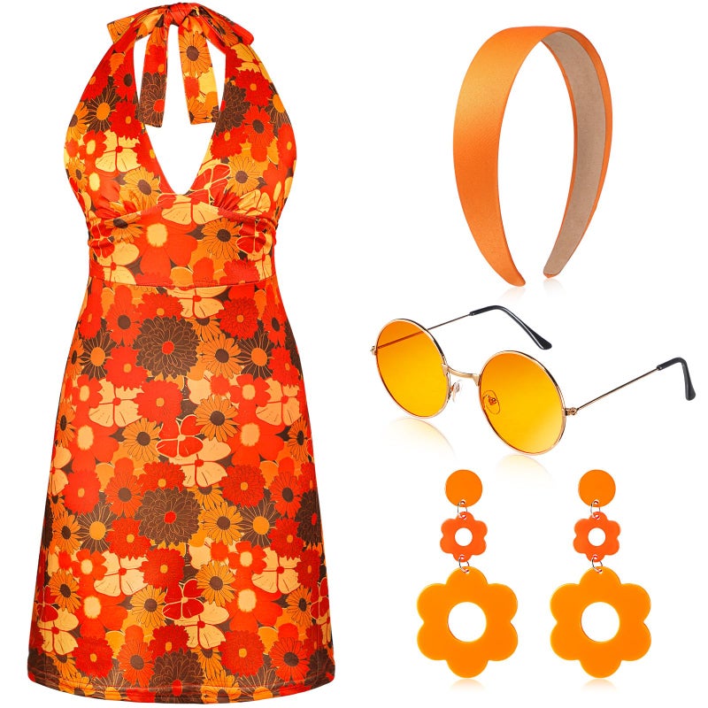 SATINIOR 4 Pcs 60s 70s Women's Hippie Costume Retro Disco Outfit Groovy Dress Headband Earring Sunglasses for Halloween Party(Medium) - Image 1