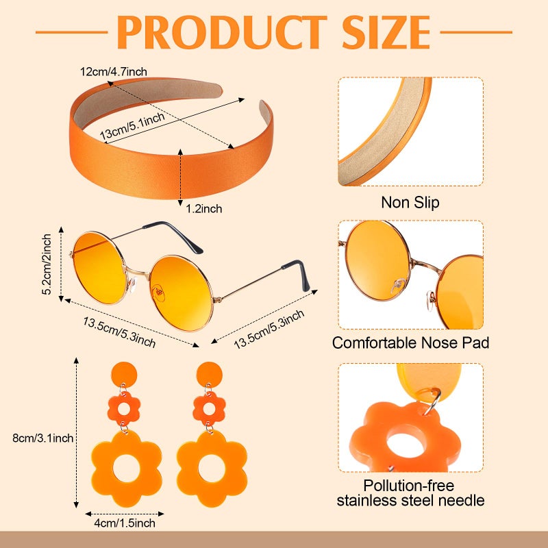 SATINIOR 4 Pcs 60s 70s Women's Hippie Costume Retro Disco Outfit Groovy Dress Headband Earring Sunglasses for Halloween Party(Medium) - Image 3