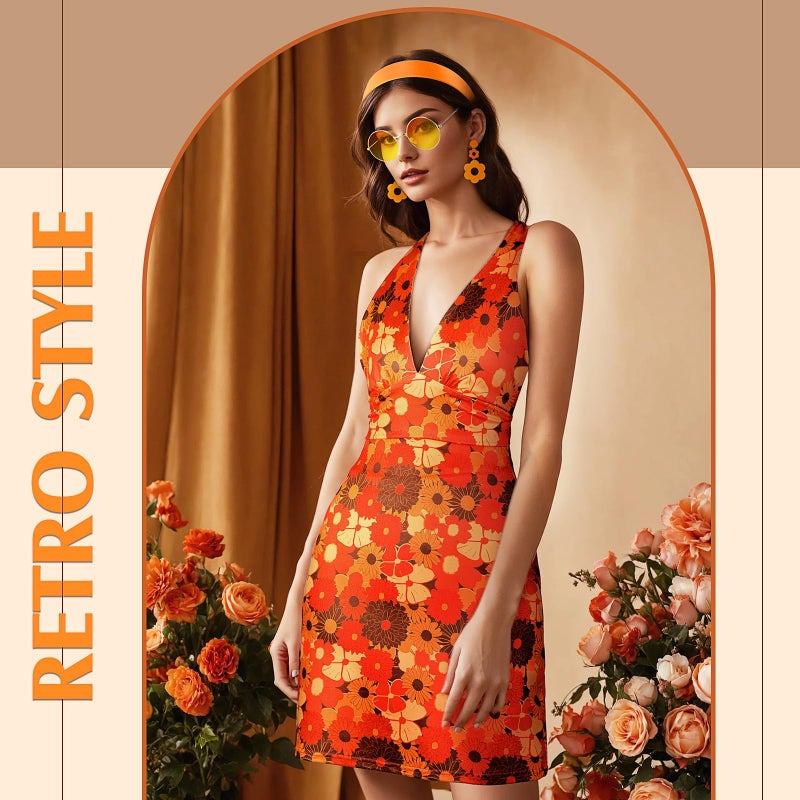 SATINIOR 4 Pcs 60s 70s Women's Hippie Costume Retro Disco Outfit Groovy Dress Headband Earring Sunglasses for Halloween Party(Medium) - Image 5