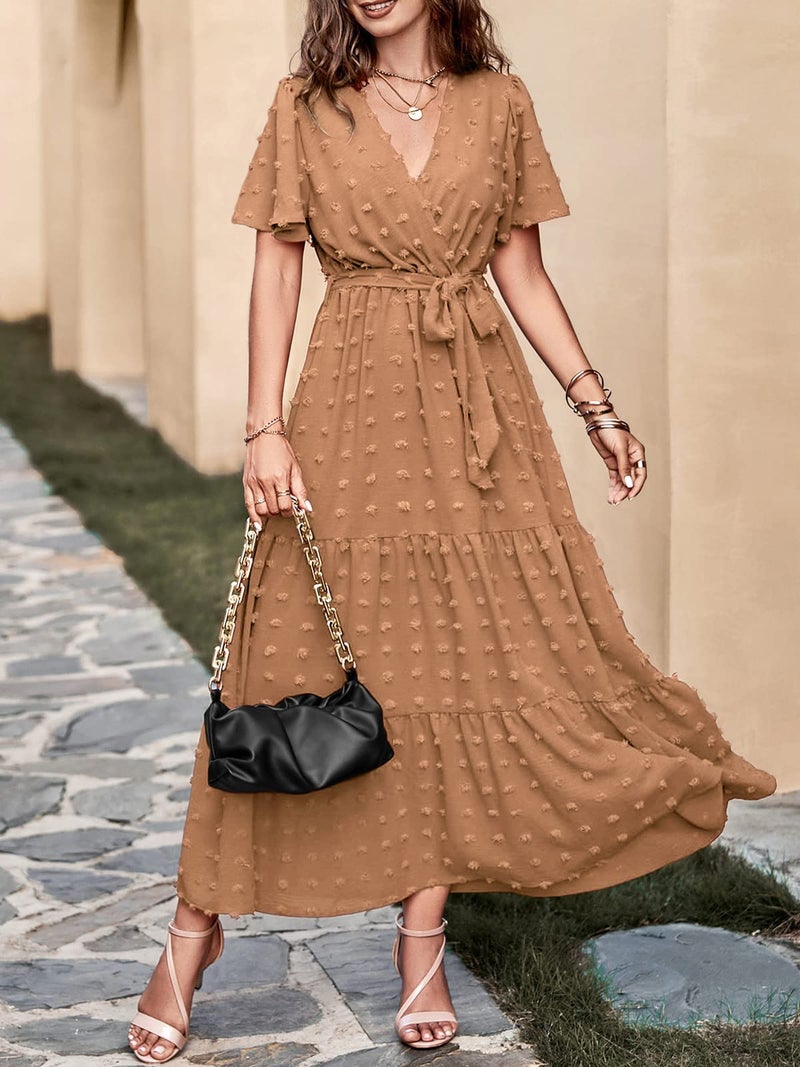 MASCOMODA Womens Boho Swiss Dot Maxi Dresses Wrap V Neck Flutter Short Sleeve Solid Tie Belt A Line Tiered Flowy Long Dress(Light Brown,X-Large) - Image 3