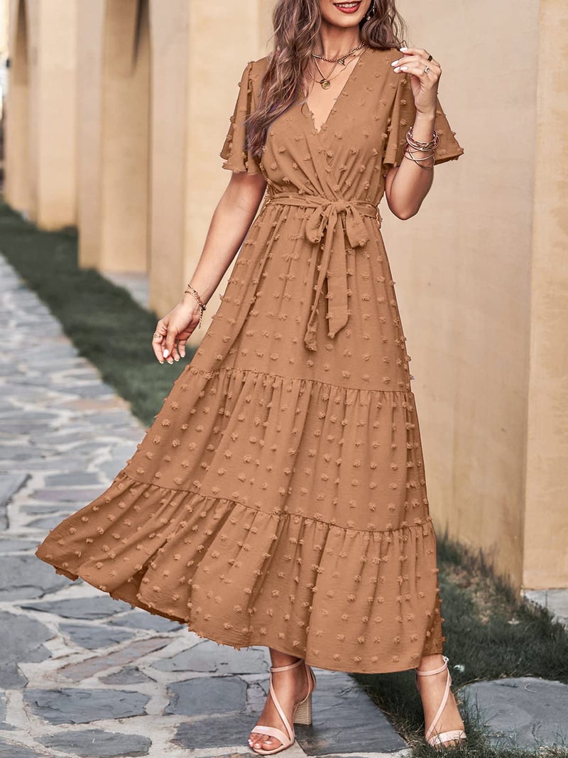 MASCOMODA Womens Boho Swiss Dot Maxi Dresses Wrap V Neck Flutter Short Sleeve Solid Tie Belt A Line Tiered Flowy Long Dress(Light Brown,X-Large) - Image 2